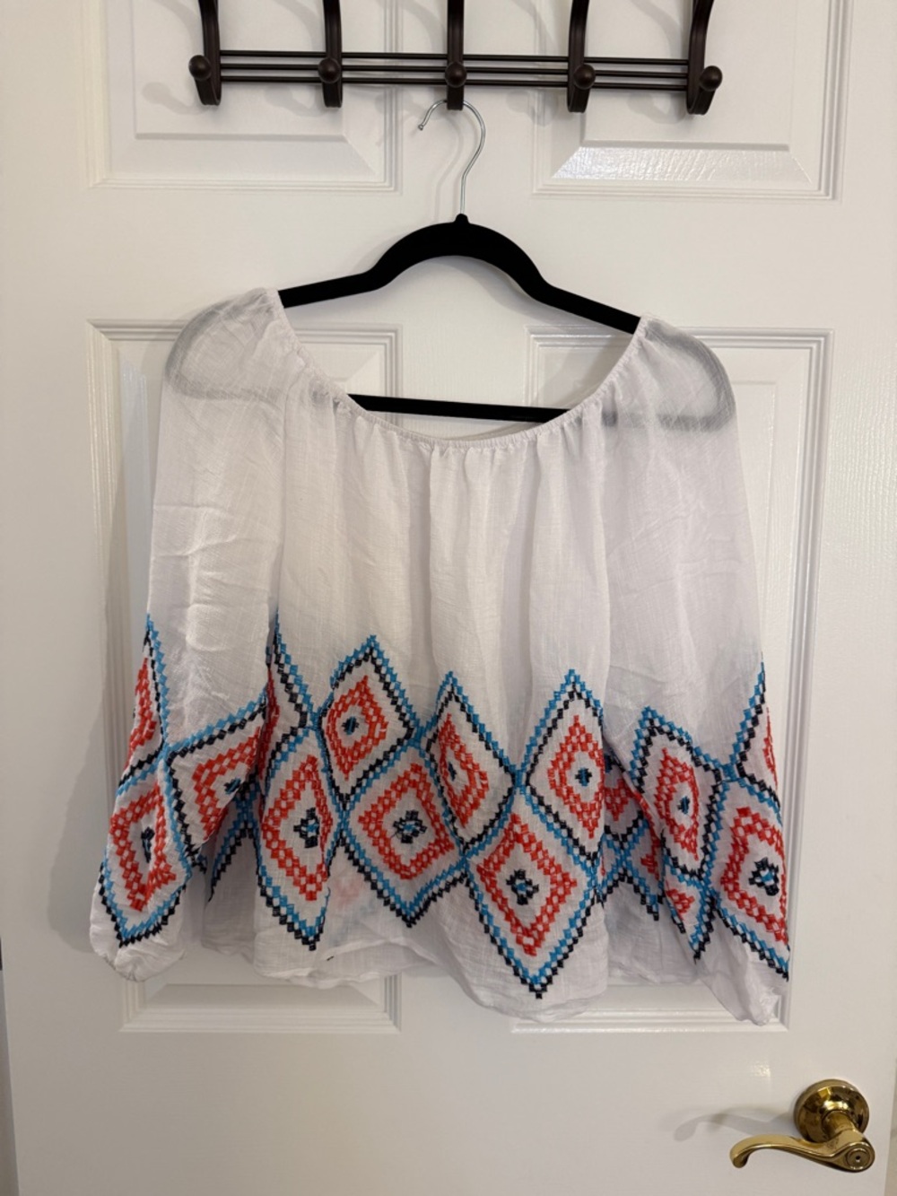 Women's White Off-Shoulder Embroidered Top with Blue & Orange Geometric Trim